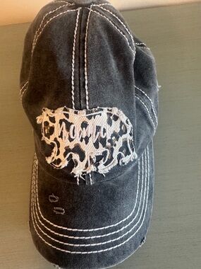 Distressed Black Baseball Cap with Leopard Bear Patch